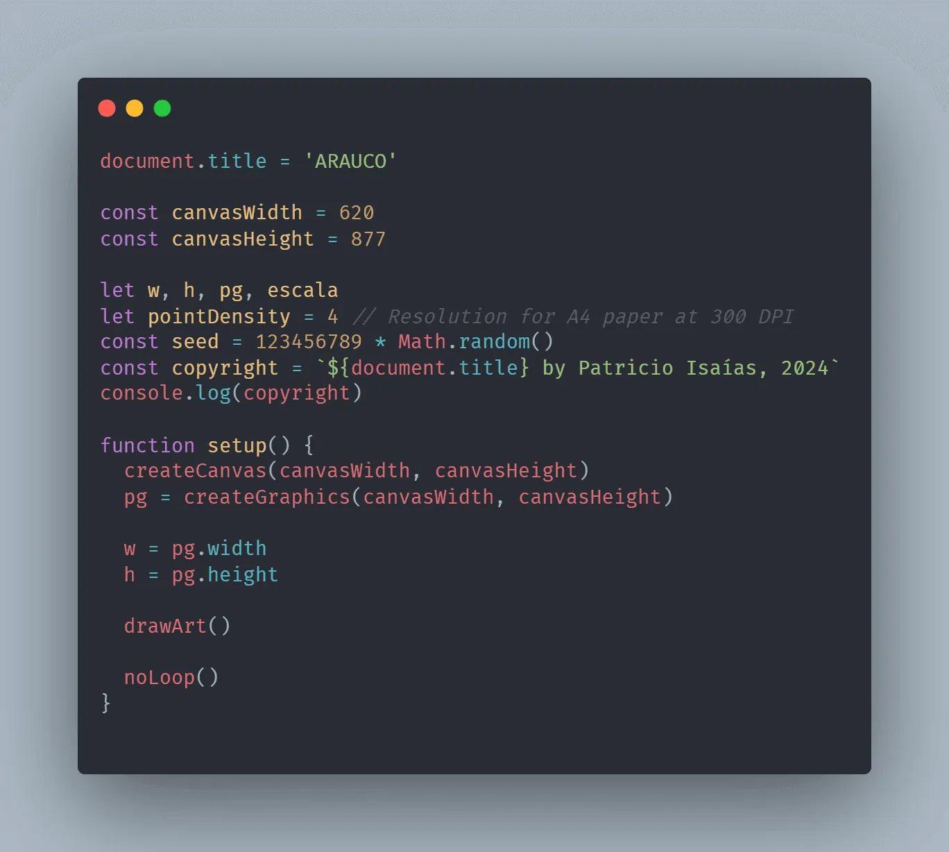 Snippet del código en p5.js
